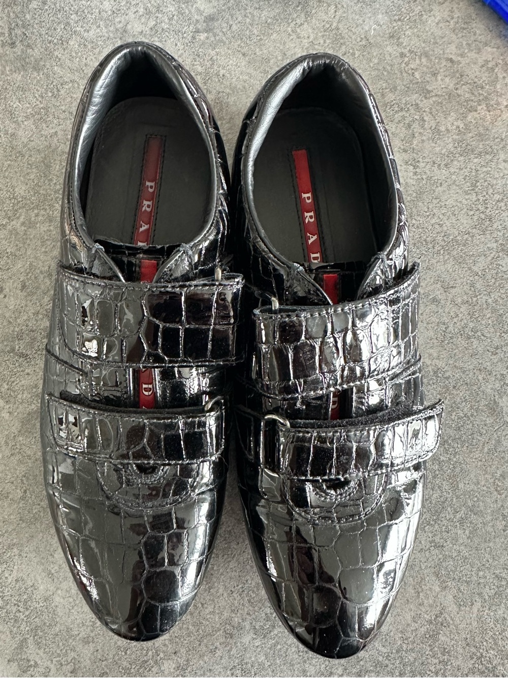 Women’s Prada Crocodile Embossed Black Leather Velcro Strap Sneaker